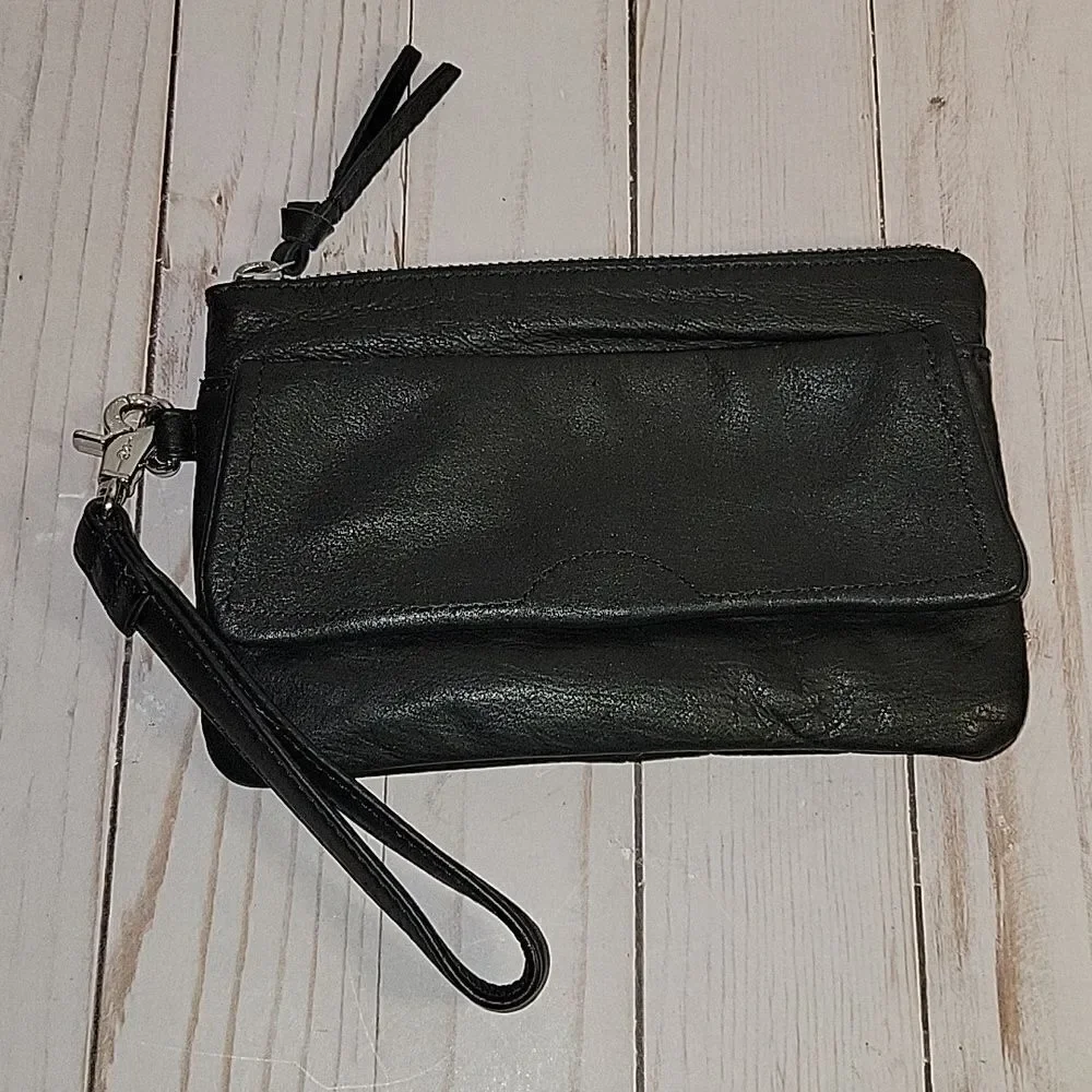DAY & MOOD PINE CLUTCH BLACK DISTRESSED LEATHER CLUTCH WRISTLET BAG
